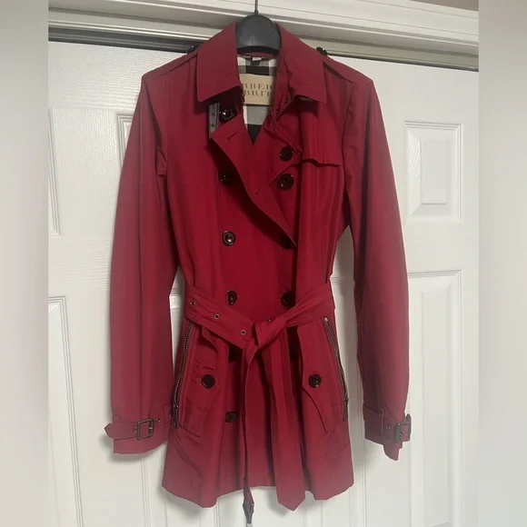 Burberry Brit red cotton blend double breasted trench coat alizarin crimson 8 - Picture 4 of 16